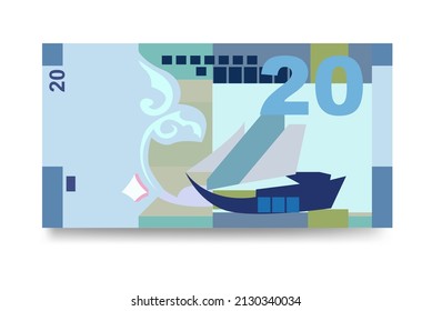 Kuwaiti Dinar Vector Illustration. Kuwait money set bundle banknotes. Paper money 20 KWD. Flat style. Isolated on white background. Simple minimal design.