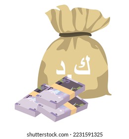 Kuwaiti Dinar Vector Illustration. Kuwait money set bundle banknotes. Money bag 5 KWD Flat style. Isolated on white background. Simple minimal design.