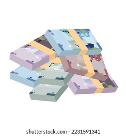 Kuwaiti Dinar Vector Illustration. Kuwait money set bundle banknotes. Paper money 1, 5, 10, 20 KWD. Flat style. Isolated on white background. Simple minimal design.