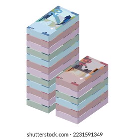 Ilustración del vector dinar kuwaití. Billetes en paquete de Kuwait. Dinero en papel 1, 5, 10, 20 KD. Estilo plano. Aislado sobre fondo blanco. Diseño sencillo y mínimo.