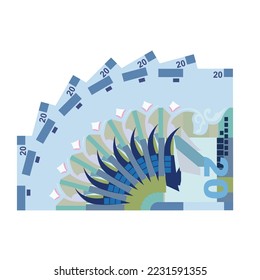 Ilustración del vector dinar kuwaití. Billetes en paquete de Kuwait. Dinero en papel de 20 KD. Estilo plano. Aislado sobre fondo blanco. Diseño sencillo y mínimo.