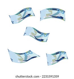Ilustración del vector dinar kuwaití. Billetes en paquete de Kuwait. Cayendo, volando dinero 20 KWD estilo Flat. Aislado sobre fondo blanco. Diseño sencillo y mínimo.