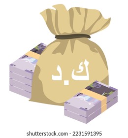 Kuwaiti Dinar Vector Illustration. Kuwait money set bundle banknotes. Money bag 5 KWD Flat style. Isolated on white background. Simple minimal design.
