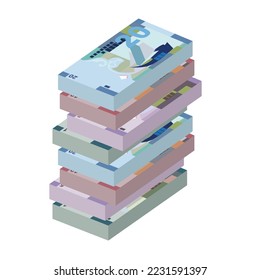 Kuwaiti Dinar Vector Illustration. Kuwait money set bundle banknotes. Paper money 1, 5, 10, 20 KWD. Flat style. Isolated on white background. Simple minimal design.