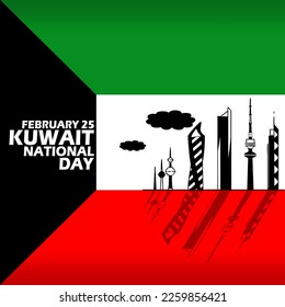 Kuwaiti flag with buildings and bold text to commemorate National Day Kuwait on February 25