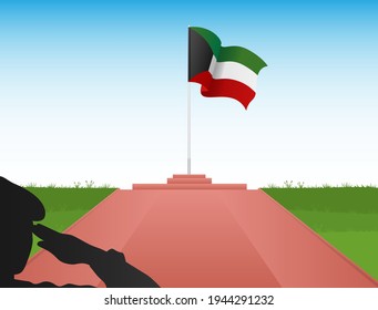 The Kuwaiti flag flew above the pole in the image of a soldier saluting the flag