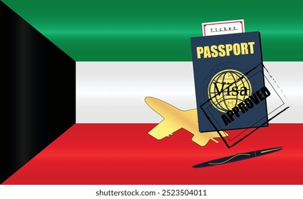 Kuwaiti Travel Documentation Concept with blue Passport and Kuwait Flag. Approved Stamp. Airplane and Travel Tickets. Ideal for Immigration Tourism and Traveling Themes. Vector EPS available