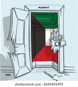 O caminho do Kuwait para a liberdade. Ilustração política de uma porta quebrada, mas trancada, com a bandeira nacional. Uma metáfora para luta e esperança.