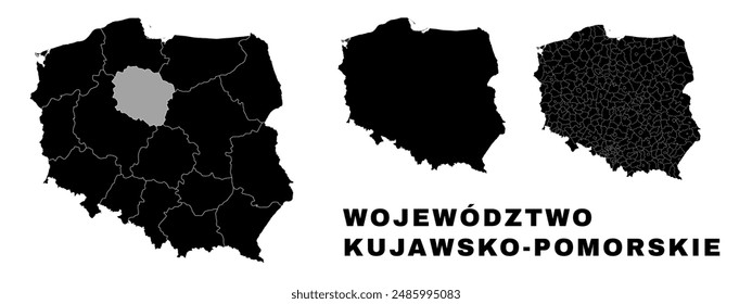 Kuyavian-Pomeranian map, Polish voivodeship. Poland administrative division, provinces, boroughs, and municipalities.