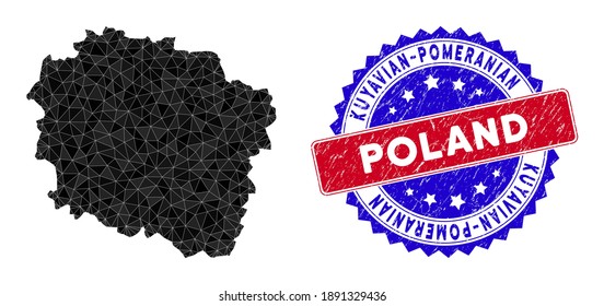 Kuyavian-Pomeranian Voivodeship map polygonal mesh with filled triangles, and textured bicolor stamp seal. Triangle mosaic Kuyavian-Pomeranian Voivodeship map with mesh vector model,