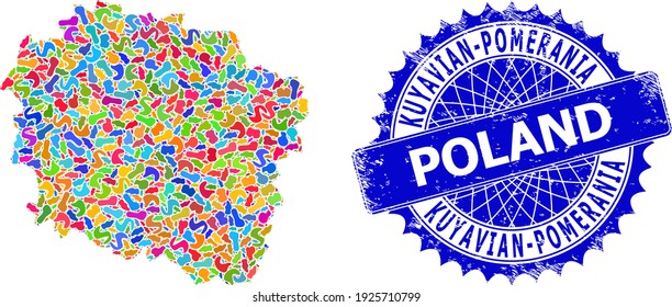 Kuyavian-Pomeranian Voivodeship map vector image. Spot collage map and distressed stamp seal for Kuyavian-Pomeranian Voivodeship map.