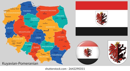 Kuyavia-Pomerania (Kujawsko-Pomorskie) Region: Flag, Coat of Arms, and Map Vector Set, Poland Regional Symbols