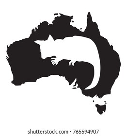 Kuzu, brush-tailed tails, brush-tailed possums, brush-tailed couscous are the genus of mammals of the family of possums.white silhouette of an Australian animal on black silhouette of map of australia