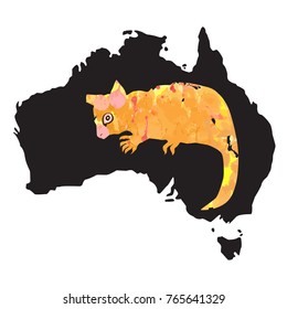 Kuzu, brush-tailed tails, brush-tailed possums, brush-tailed couscous are the genus of mammals of the family of possums with yellow, orange watercolor texture silhouette on a black background silhouet