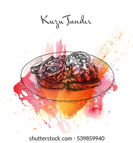 Kuzu Tandir watercolor effect illustration. Vector illustration of Turkish cuisine.
