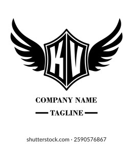 KV bold shield logo with wings, customizable with letters A to Z. Perfect for brands seeking a powerful symbol of strength, freedom, and ambition