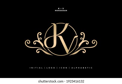 KV or DKV initial letter and graphic name, KV Monogram, for Wedding couple logo, logo company and icon business, with golden colors  designs with isolated black backgrounds