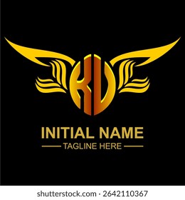 KV Golden Wing Emblem Logo with elegant gold wings, sleek and modern design. Ideal for branding, creative projects, luxury businesses, or artistic ventures.