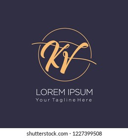 KV Initial handwriting logo on circle line, vector illustration