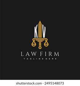 KV initial monogram for lawfirm logo with sword and scale