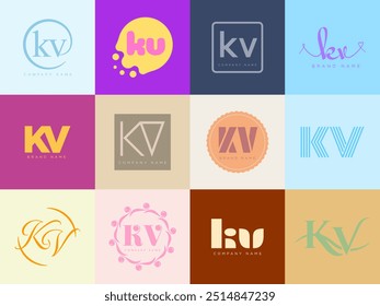 KV logo company template. Letter k and v logotype. Set different classic serif lettering and modern bold text with design elements. Initial font typography. Collection trendy business identity.