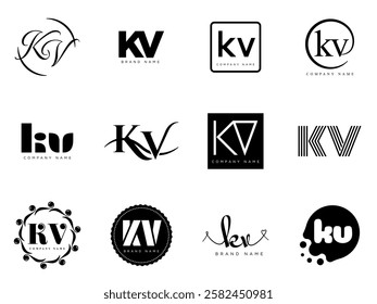 KV logo company template. Letter k and v logotype. Set different classic serif lettering and modern bold text with design elements. Initial font typography. Collection trendy business identity.