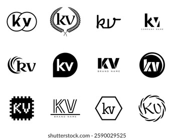 KV logo company template. Letter k and v logotype. Set different classic serif lettering and modern bold text with design elements. Initial font typography. Collection trendy business identity.