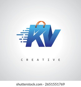KV Shopping Monogram – Fast Delivery E-commerce Logo with Bag Icon and Digital Branding for Online Store, Retail and Logistic Identity
