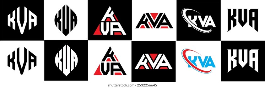 Design de logotipo de letra KVA em estilo seis. Polígono KVA, círculo, triângulo, hexágono, estilo simples e plano com logotipo de letra de variação de cor preto e branco definido em uma prancheta. Logotipo minimalista e clássico do KVA