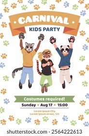 Kvadrober kids event. Kids in animal masks jump, carnival, birthday party invitation, people imitate pets, wild fauna, poster design, happy friends, cartoon isolated illustration, tidy vector concept