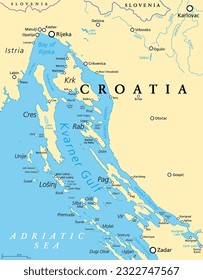 Kvarner Gulf, part of internal waters of Croatia, political map. Also known as Kvarner Bay, in the northern Adriatic Sea, located between Istrian peninsula and the northern Croatian Littoral mainland.