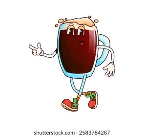 Kvass drink beverage groovy character. Pub dark beer mug cute groovy vector personage, bar ale tankard or craft brewery alcohol drink glass cup happy funky character. Oktoberfest beer mug mascot