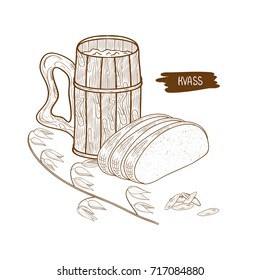 Kvass. A wooden mug. Rye. Bread. Monochrome. Sketch