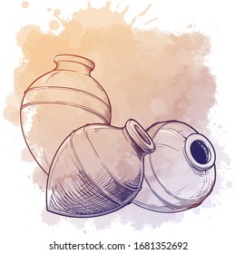 Kvevri - aincient type of container for liquid substancies used in Georgia to store and mature wine. Traditional Georgian wine making.  Sketch style drawing isolated on a watercolor background