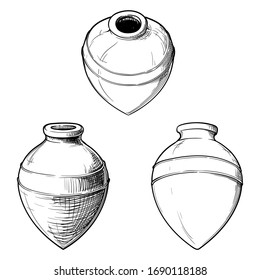 Kvevri - aincient type of container for liquid substancies used in Georgia to store and mature wine. Traditional Georgian wine making. Black and whitesketch isolated on white background. EPS10 vector.