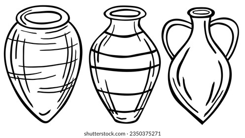 Kvevri. Set of vessel for storage and maturation of wine. Traditional Georgian wine making. Vector illustration.