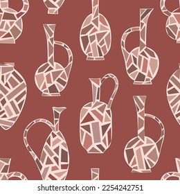 Kvevri vector seamless pattern. Traditional Georgian clay vessel, Qvevri, jug at brown background.