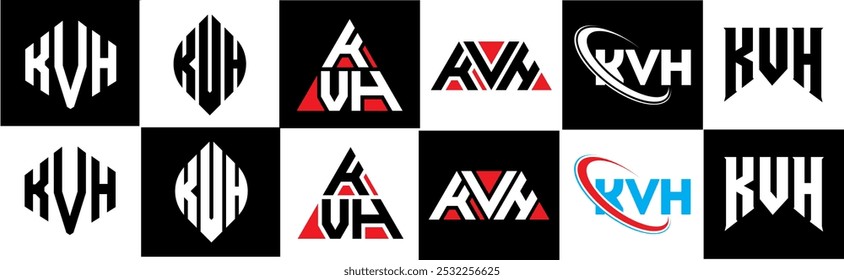 KVH letter logo design in six style. KVH polygon, circle, triangle, hexagon, flat and simple style with black and white color variation letter logo set in one artboard. KVH minimalist and classic logo
