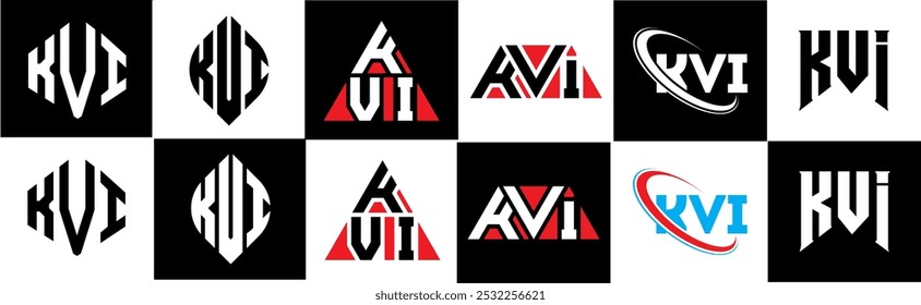 KVI letter logo design in six style. KVI polygon, circle, triangle, hexagon, flat and simple style with black and white color variation letter logo set in one artboard. KVI minimalist and classic logo