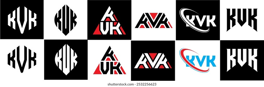 KVK letter logo design in six style. KVK polygon, circle, triangle, hexagon, flat and simple style with black and white color variation letter logo set in one artboard. KVK minimalist and classic logo