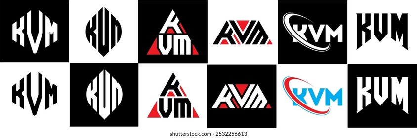 KVM letter logo design in six style. KVM polygon, circle, triangle, hexagon, flat and simple style with black and white color variation letter logo set in one artboard. KVM minimalist and classic logo