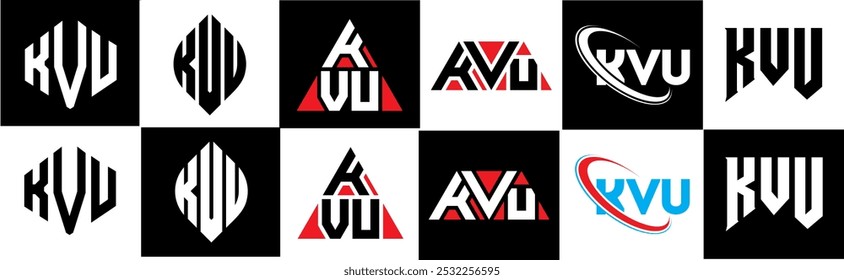 Projeto do logotipo da letra KVU em seis estilo. Polígono KVU, círculo, triângulo, hexágono, estilo simples e plano com logotipo de letra de variação de cor preto e branco definido em uma prancheta. Logotipo minimalista e clássico do KVU