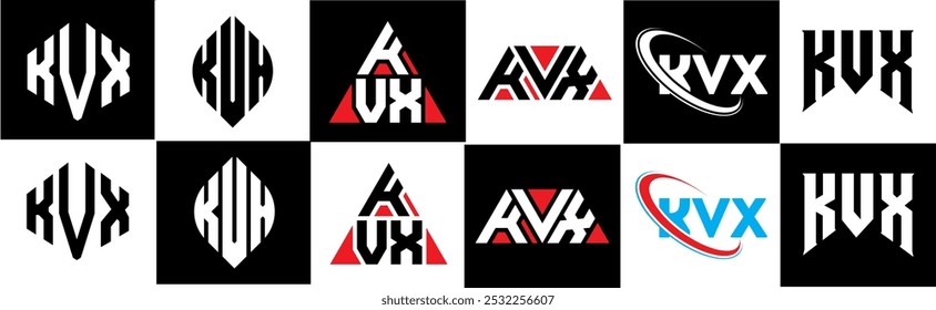 Logo-Design mit KVX-Buchstaben im Sechs-Stil. KVX Polygon, Kreis, Dreieck, Sechseck, flach und einfach mit schwarz-weißem Farbvariationsbuchstaben Logo in einem Zeichenbrett gesetzt. KVX minimalistisches und klassisches Logo