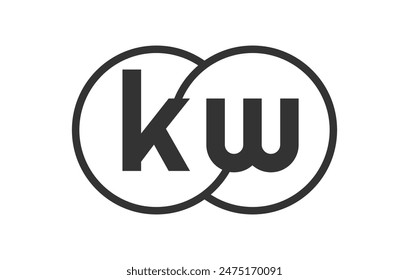 KW business company emblem with outline rounds and letters k w. Logo template of two merged circles for brand identity, logotype. Vector Infinity symbol  and technology sign.