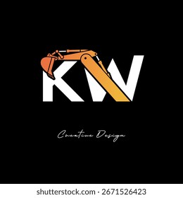 KW Excavator Arm Construction Logo - Bold Industrial Letter mark Design for Heavy Equipment, Contractor Branding and Modern Engineering Identity