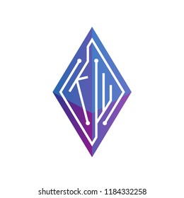 KW Initial letter block chain logo icon vector template. Looping mono line circuit letter on rhombus cube logo
