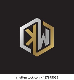 KW initial letters looping linked hexagon elegant logo golden silver black background