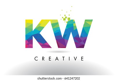 KW K W Colorful Letter Design with Creative Origami Triangles Rainbow Vector.