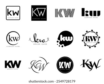 Modelo da empresa de logotipo KW. Letra k e w logotipo. Defina diferentes letras serifas clássicas e texto em negrito moderno com elementos de design. Tipografia inicial da fonte. Coleção de identidade de negócios na moda.