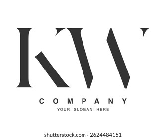 Design do logotipo KW. Estilo de fonte das letras iniciais k e w serif. Tipografia clássica do nome da empresa. Logotipo ou identidade da moda. Ilustração vetorial.
